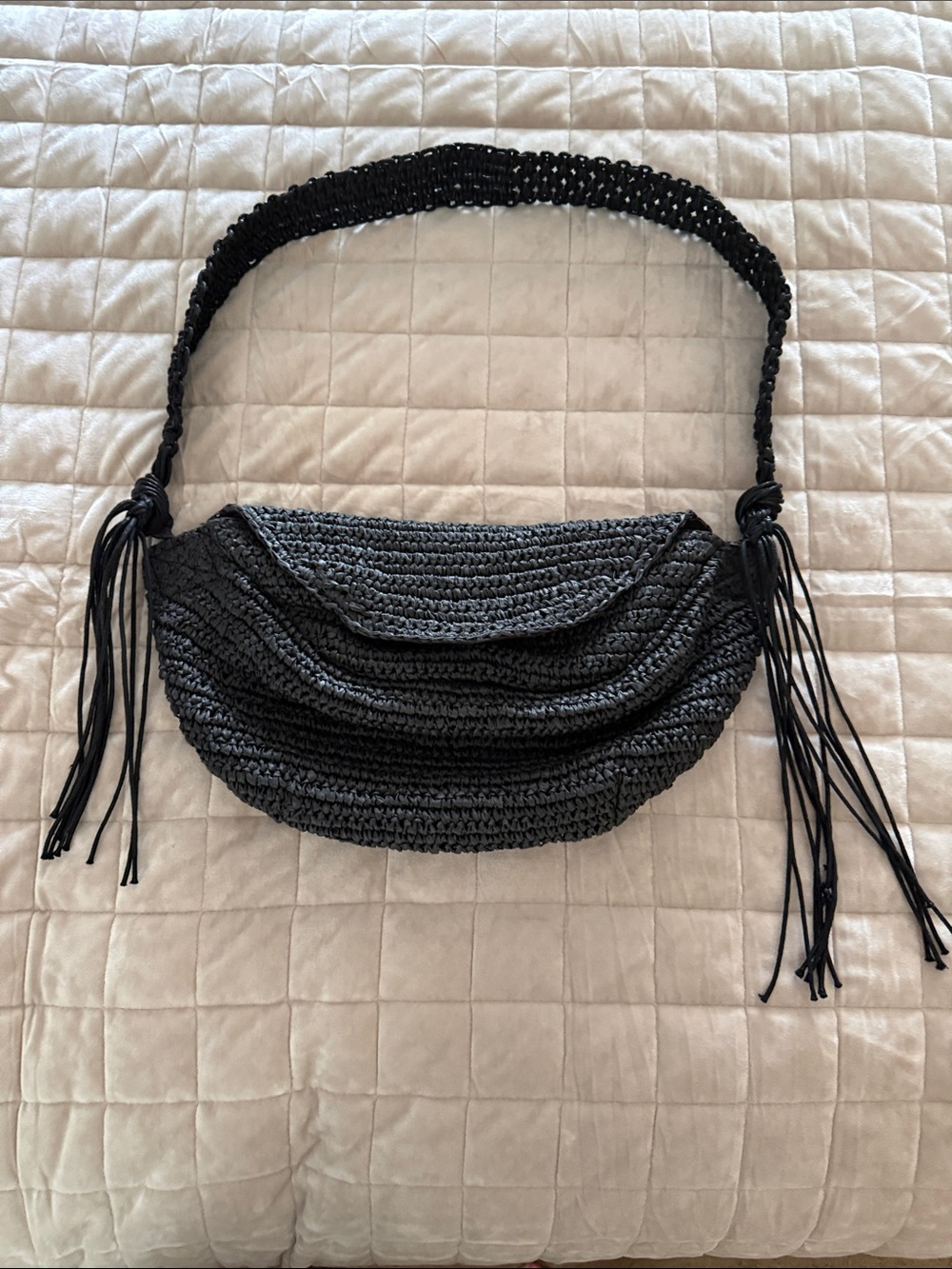 Woven Black Straw Shoulder Bag with Fringe